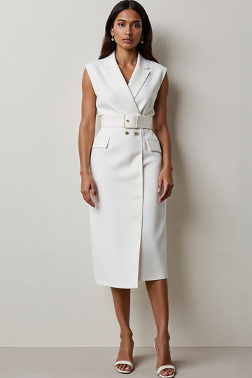 V-Neck White Sheath Midi Work Dress with Belt